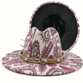 Розовая фетровая шляпа с цветами кешью, граффити, Классическая джазовая шляпа, Оптовая продажа Фетровой шляпы, Мужская и женская черная джазовая шляпа с широкими полями