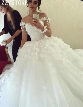 Великолепное Белое свадебное платье с 3D цветами, расшитое бисером, Бальное платье с длинными Рукавами, кружевное свадебное платье vestidos de noivas, реальные фотографии