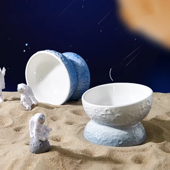 Керамическая миска в форме планеты для кошек, Приподнятые кормушки для воды для маленьких собак, принадлежности для питья градиентного цвета для домашних животных