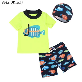 Купальный костюм из 3 предметов для маленьких мальчиков, сундук и рашгард с кепкой, комплект для плавания с коротким рукавом, купальный костюм для детей 0-9 лет, одежда для дайвинга