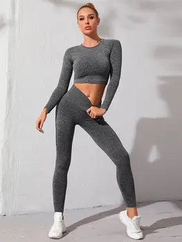 Костюм для йоги, женский профессиональный костюм для бега, Быстросохнущая спортивная одежда для фитнеса с длинными рукавами, комплект женских бесшовных леггинсов
