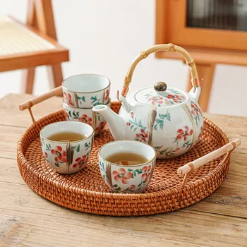 Японский чайный сервиз, один чайник, четыре чашки, ручная роспись, высокотемпературный керамический чайный сервиз, чайник в пасторальном стиле, набор чайных чашек, Чайная церемония