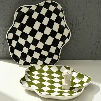 Керамическая тарелка в скандинавскую шахматную доску, Тарелка для хранения ювелирных изделий, Десертная тарелка, Десертная тарелка, украшение дома, столовая тарелка в стиле ретро, посуда