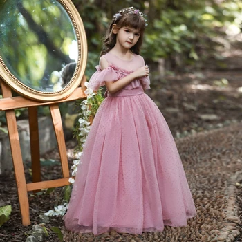 Элегантные розовые платья принцессы для девочек в цветочек Для свадеб с круглым вырезом, длина до пола, Тюлевое платье без рукавов, расшитое бисером, Подарок на день рождения