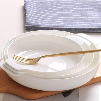 Большая круглая тарелка из костяного фарфора с двойными ушками, бытовая керамическая глубокая тарелка, тарелка для супа, Овощная тарелка, тарелка для холодного овощного салата