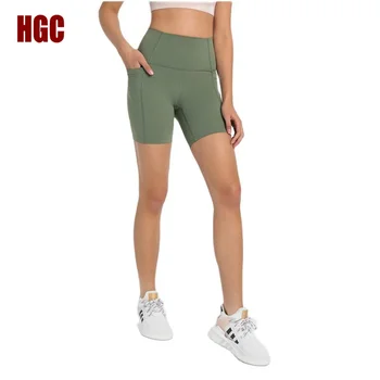 Женские шорты HGC для бега, байкерские шорты с высокой талией, с карманом, из эластичной ткани, защищающей от приседаний, для занятий фитнесом и йогой в тренажерном зале