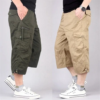 Длинные шорты-карго, мужские летние повседневные хлопковые эластичные брюки-капри с несколькими карманами, мужские военно-тактические короткие горячие бриджи 5XL