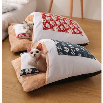 Моющийся Зимний Теплый Домик для кошки, Милая Забавная Кровать для маленьких домашних животных, Одеяло, Спальный мешок, Спальный диван с животными в Японском стиле, сумка для сна