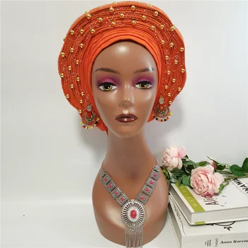 Оранжевый, уже изготовленный, африканский головной убор Aso Oke Gele с каменными бусинами и Нигерийским ожерельем, комплект ювелирных изделий Z331-4