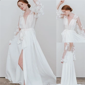 Свадебные платья Женские халаты, свадебные платья с 3D цветочными аппликациями, атласная шелковая ночная рубашка с длинным рукавом, пижамы