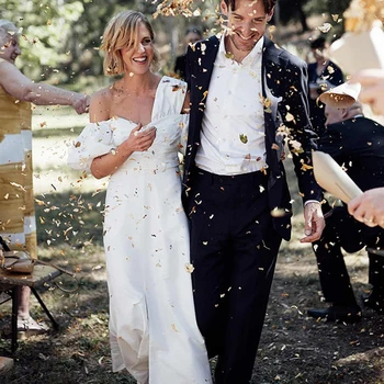 Атласное Свадебное платье длиной до щиколоток, Уникальное, сшитое на заказ, Плюс Размер 2021, простые Плиссированные Свадебные платья с короткими рукавами-фонариками и разрезом