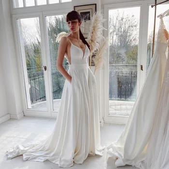 простые свадебные платья трапециевидной формы на бретельках с V-образным вырезом и открытой спиной в стиле бохо для новобрачных 2023 года, Vestido De Morrie для девочек