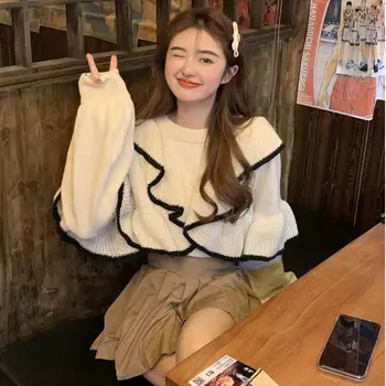 Сладкий женский свитер-пуловер с оборками 2023, популярный осенне-зимний новый корейский свитер-пуловер из кружевного трикотажа ранней весны, женский пуловер-пуловер.