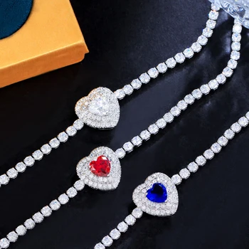 BeaQueen, Милые браслеты с сердечками, Сверкающие Синие, красные Аксессуары с кубическим цирконием для женщин, Юбилейные украшения серебряного цвета B257
