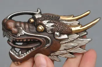 Древнекитайский Амулет из чистой бронзы с позолотой и серебром в виде Головы Дракона Фэншуй, пряжка для ремня