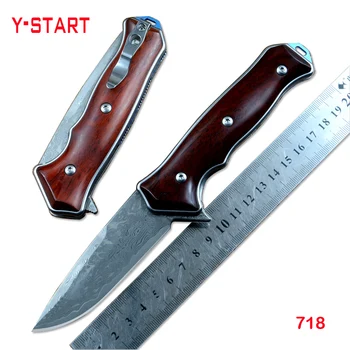 Y-START Быстро открывающийся Набор ножей с деревянной ручкой, Охотничьи складные ножи с лезвием из дамасской стали, шарикоподшипник для наружного использования LK718