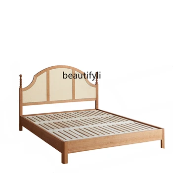 Двуспальная кровать в стиле ретро из массива дерева, домашний ротанг 1,8 м, кровать во французском стиле средней древности в главной спальне, бревно 1,5 м, Скандинавский стиль