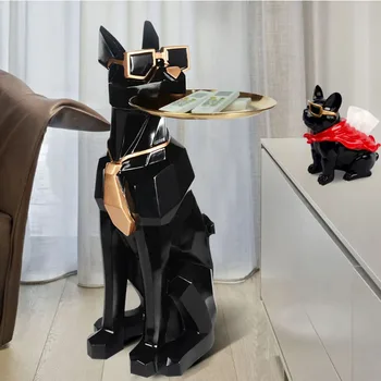 Современная статуя собаки с декоративным подносом, держатель для ключей, коробка для салфеток, Роскошный домашний декор, Украшения большого размера, Скульптуры из смолы, гостиная