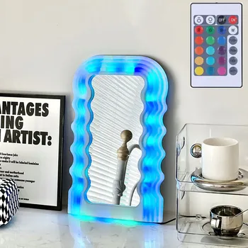 Зеркало со светодиодной подсветкой и светящейся волной с косметическим зеркалом для макияжа Настольное Зеркало для макияжа Неправильной формы Эстетичный Креативный Декор комнаты Айны