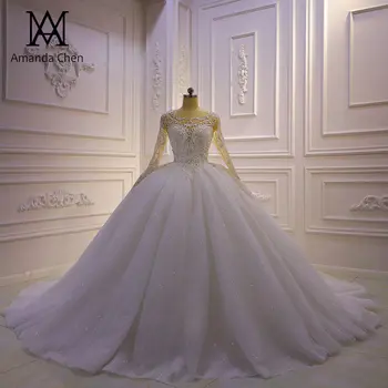 Свадебное платье suknia ślubna с кружевной аппликацией и длинным рукавом, блестящее бальное платье