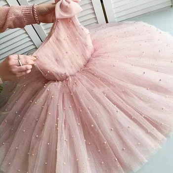 Милые розовые платья для девочек-цветочниц на одно плечо для свадьбы, жемчуг Принцессы, бусы, платья для первого причастия без рукавов длиной до колен