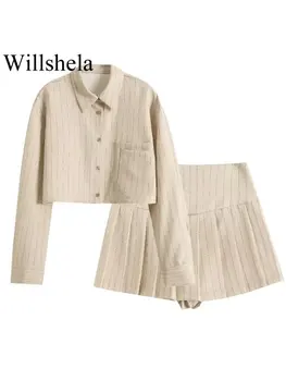 Willshela/ Женский модный комплект из 2 предметов, Полосатая Однобортная блузка цвета Хаки и винтажные шорты с высокой талией, шикарный женский комплект шорт для леди