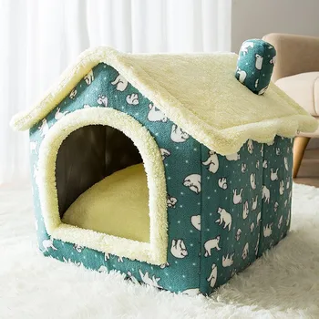 Складной теплый домик для маленьких собак, Съемный навес со съемным мягким ковриком, легко собирается, Универсален на все сезоны.