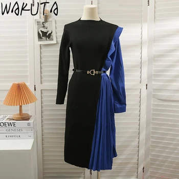 Макси-платье в стиле пэчворк WAKUTA с тонкой талией и поясом, женское осеннее платье 2023, новые винтажные официальные женские платья с оборками контрастного цвета и круглым вырезом