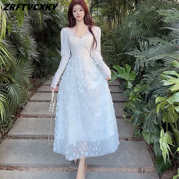 Женские новые летние осенние кружевные белые длинные платья с вышивкой, милое дизайнерское платье с рукавами-пузырями, цельное платье для свадебной вечеринки с пайетками