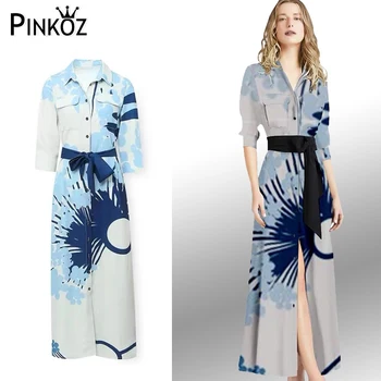 Pinkoz повседневные однобортные платья миди с отложным воротником и синим рисунком на весну-осень для женщин, рубашка на шнуровке, vestidos