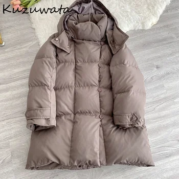 Kuzuwata 2023 Зимние Новые парки, Темпераментная Модная хлопковая куртка для пригородных поездок, Утолщенные теплые Съемные длинные пуховики с капюшоном