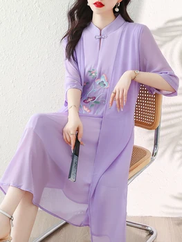 Вышивка в винтажном художественном стиле Женские платья свободного размера в китайском стиле Женское элегантное зеленое платье dis5