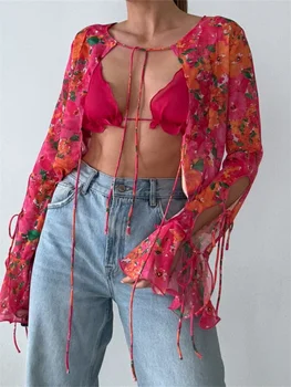CHRONSTYLE/ Женские прозрачные рубашки Y2K из сетчатого материала с оборками, Цветочный принт, Прозрачные укороченные топы с длинными рукавами и завязками, кардиган, клубная одежда в стиле ретро 2023