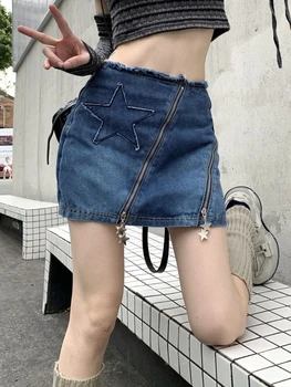 HOUZHOU Сексуальная мини-юбка Y2k Женская Летняя уличная одежда Шикарные джинсовые юбки на молнии Harajuku Винтажная тонкая Горячая девушка Корейская мода