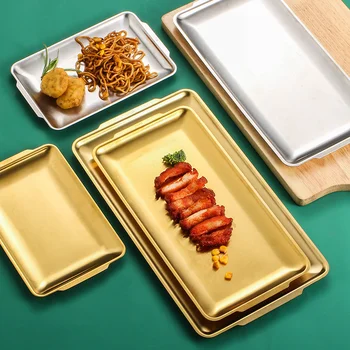 Толстая Золотая Сервировочная тарелка из нержавеющей стали, Ресторанная Рыба, шампуры для барбекю, Тарелка для суши из морепродуктов, Прямоугольный Большой Плоский Лоток для хранения