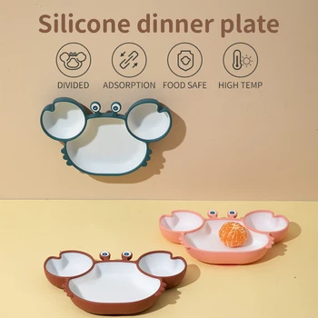 Специальная детская тарелка для еды в форме симпатичного краба, силиконовая тарелка для кормления, нескользящая детская посуда, кухонные принадлежности