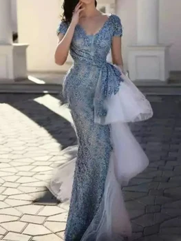 2023 Сексуальное платье для выпускного вечера в стиле русалки с глубоким V-образным вырезом, расшитое пайетками и оборками из бисера, Вечернее платье Vestido Fiesta Noche