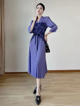 Плиссированное кружевное платье с лацканами и длинным рукавом, однобортные элегантные платья для женщин, новинка лета 2023 года