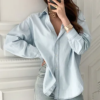 RUGOD 2021, весенняя новинка, базовая классическая джинсовая рубашка, элегантная модная простая однотонная рубашка, модная рубашка OL, женская рубашка, женские топы