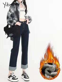 Женские флисовые джинсы Yitimoky, утепленные, стрейчевые, Прямые, с высокой талией, Зимние Черные Теплые джинсы 2022, женские винтажные джинсовые Широкие брюки