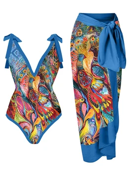 Винтажный элегантный синий курортный повседневный купальник на шнуровке с многоцветным принтом, покрывающий летних женщин 2023 года, Новейший стиль