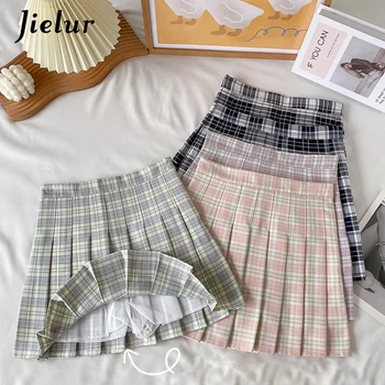 Jielur, Новая Корейская клетчатая юбка, плиссированная юбка с высокой талией, Короткие мини-юбки для милых девочек в стиле ретро, Розовые Модные Женские юбки Harajuku S-L