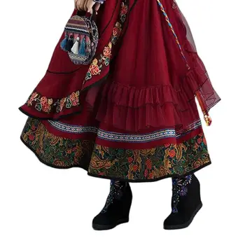 Осенне-зимняя новая юбка из нерегулярного тюля с вышивкой в этническом ретро стиле, тонкая модная литературная юбка в этническом ретро стиле, женская