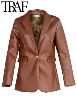 TRAF 2023 Женская Осенняя куртка из искусственной кожи на одной пуговице, Винтажные Блейзеры с длинными рукавами и карманами, Женский коричневый костюм, пальто