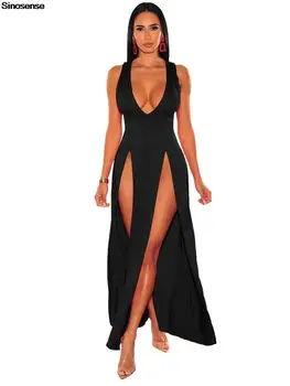 Сексуальное коктейльное вечернее платье с глубоким V-образным вырезом и высоким разрезом, однотонное облегающее платье Макси для клубной вечеринки, Женское Летнее длинное платье на бретелях
