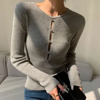 Женский пуловер, сексуальный топ с круглым вырезом и длинным рукавом, женский осенне-зимний повседневный модный женский джемпер