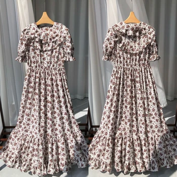2023 Пасторально-розовое романтическое женское платье в стиле ретро с цветочным рисунком и оборками с короткими рукавами
