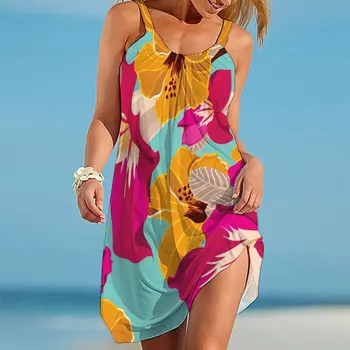 Новая женская одежда с цветочным бесшовным рисунком, пляжная одежда для девочек, градиентный холтер, сексуальное облегающее пляжное платье без рукавов с круглым вырезом