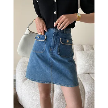 Летняя шикарная хлопковая джинсовая юбка высокого качества 2023, модная тканая короткая женская юбка с карманами