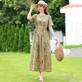 Художественное хлопковое льняное платье с цветочным рисунком для женщин 2023 лето, свободное и облегающее длинное платье с завязками на поясе и круглым вырезом с принтом
